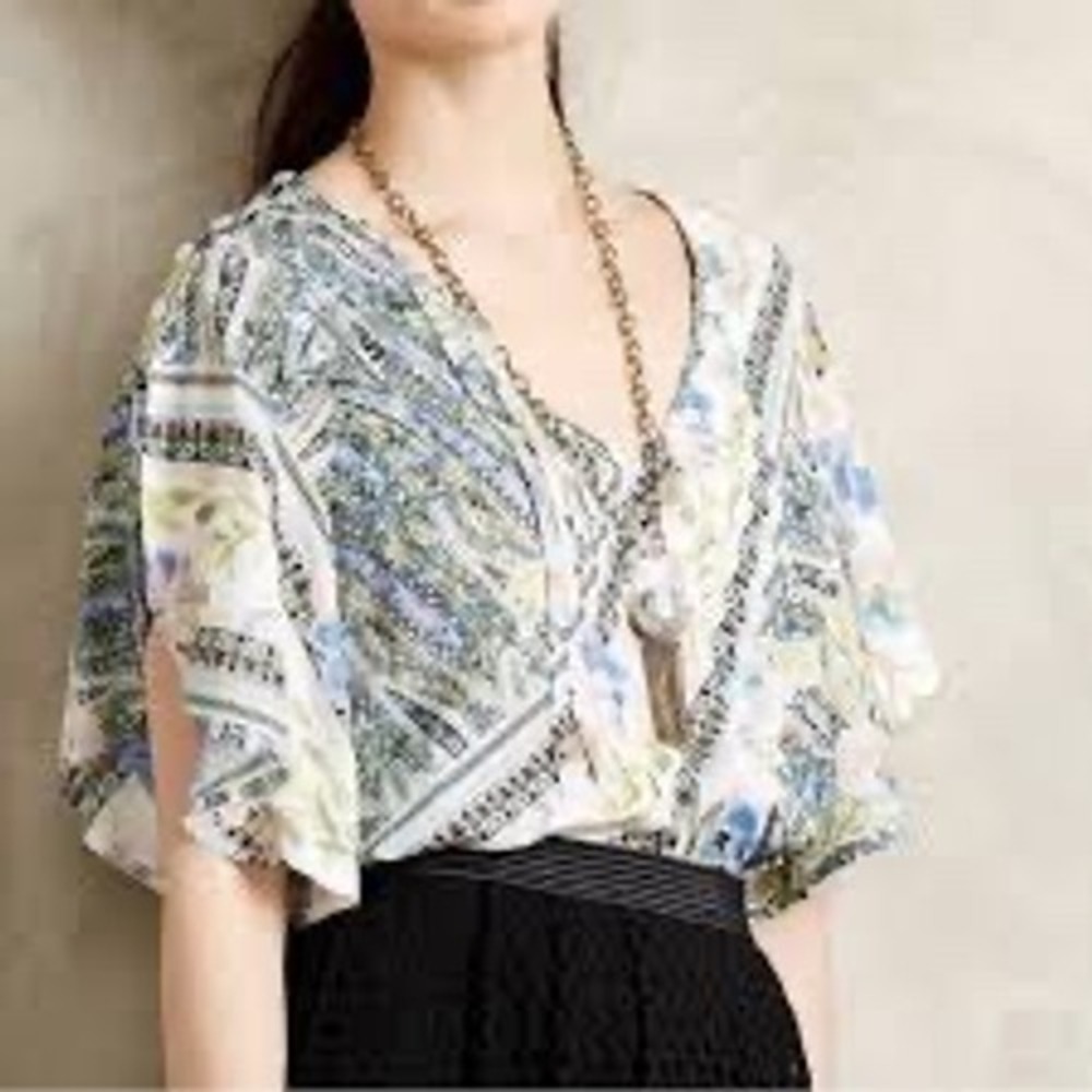 Maeve Anthropologie Floral Paisley Flutter Sleeve Pintuck V-Neck Blouse Blue 10